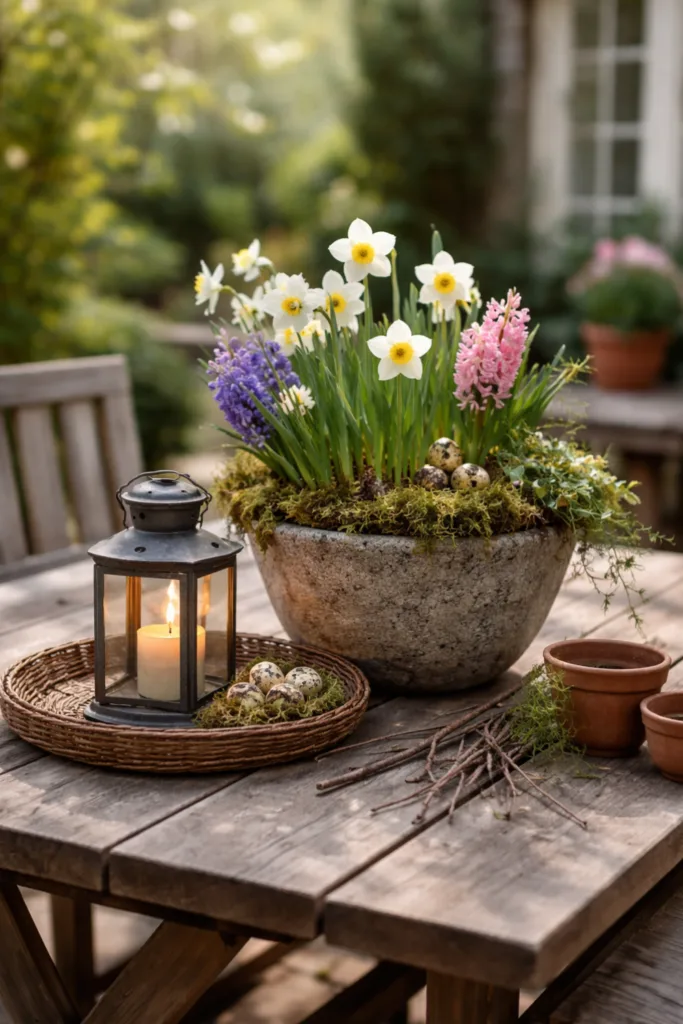 Deko für draußen im April: Frühlingstisch im Garten mit Blumen und Laterne