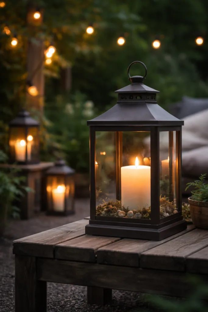 Deko für draußen im April mit Laterne, warmem Licht und Gartenstimmung