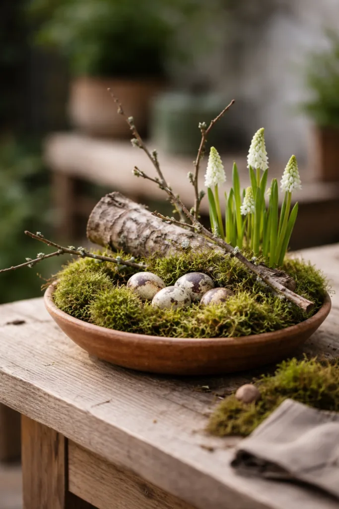 Deko für draußen im April mit Moos, Zweigen und natürlicher DIY Gartendeko im Garten arrangiert