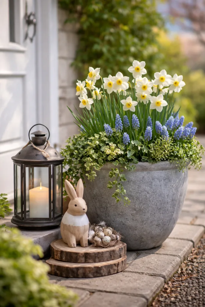 Deko für den Vorgarten im April mit Frühjahrsinsel aus Blüten, Laterne und Holzfigur vor Hauseingang