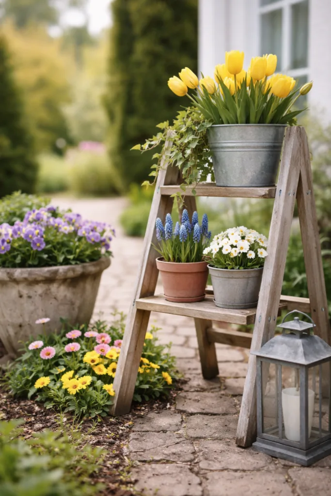 Vorgarten Deko im April mit gestaffelten Ebenen, Holzleiter und Frühlingsblumen für mehr Tiefe