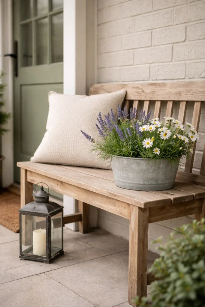 Diese 5 Ideen machen deine Haustür im April zum Hingucker Haustür Deko im April mit Holzbank, Kissen, Blumen und Laterne im Eingangsbereich