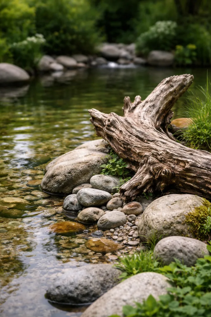 Teich Deko im April mit natürlicher Ufergestaltung aus Steinen und Holz am Garten Teichufer