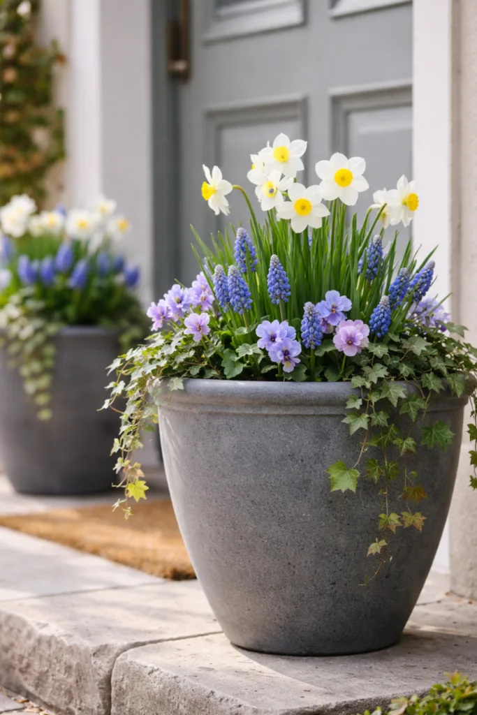 Diese 5 Ideen machen deine Haustür im April zum Hingucker Haustür Deko im April mit Narzissen, Traubenhyazinthen und Hornveilchen im Kübel arrangiert