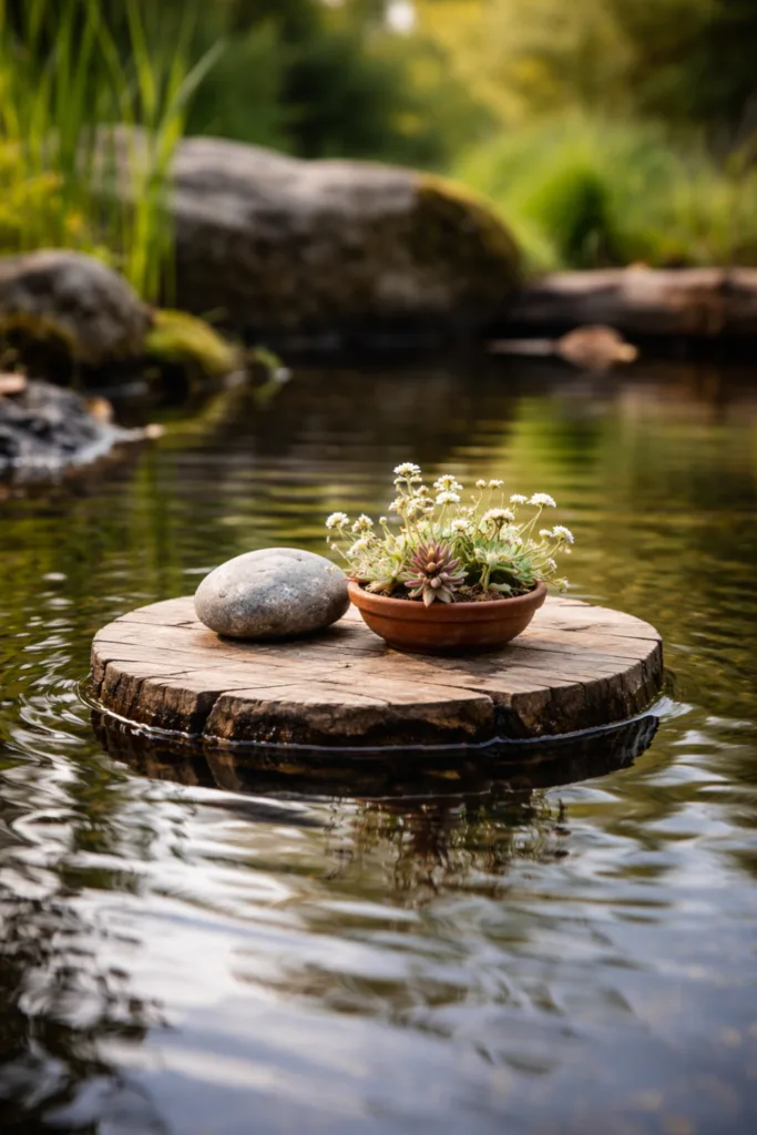 Teich Deko im April mit schwimmendem Holz und Pflanzschale auf ruhiger Wasseroberfläche im Garten