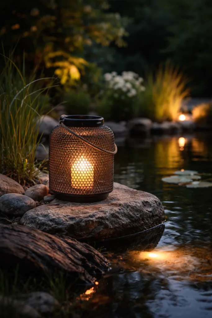 Teich Deko im April mit warmer Beleuchtung am Abend, ruhiger Garten Teich mit Licht und natürlicher Gestaltung