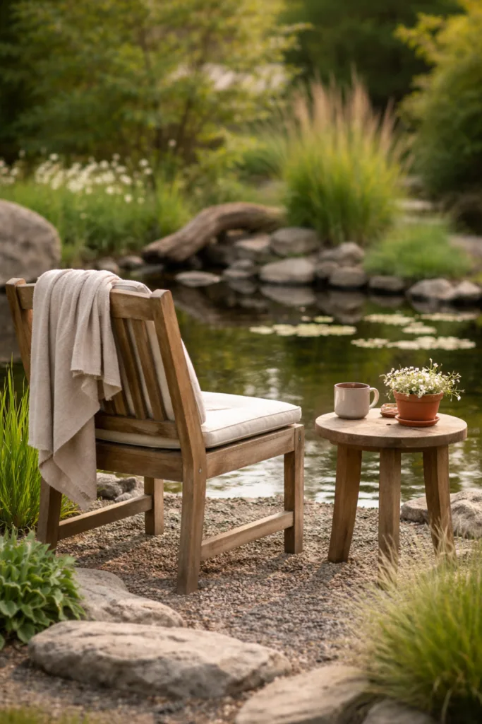 Teich Deko im April mit Holzstuhl und Blickpunkt am Gartenteich in natürlicher Gestaltung