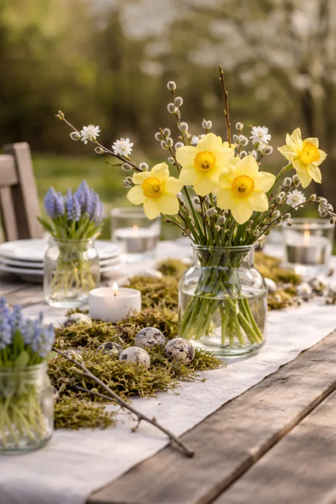 Gartenparty Deko im April: 5 Ideen für eine gemütliche Atmosphäre Gartenparty Deko im April mit natürlicher Tischdeko, Narzissen, Zweigen und Moos auf Holztisch im Frühling