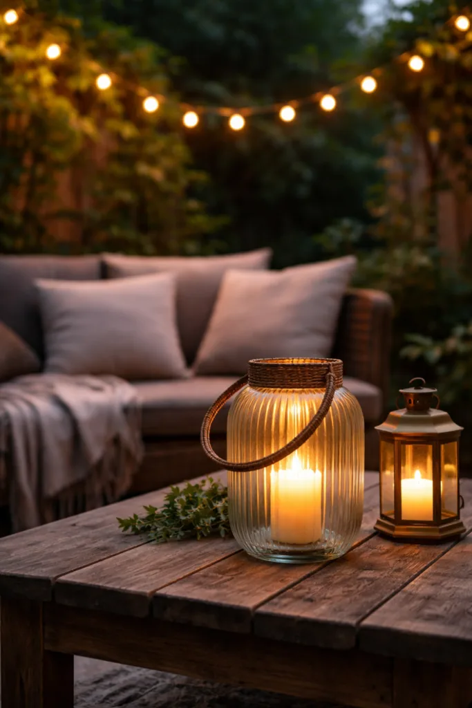 Gartenparty Deko im April: 5 Ideen für eine gemütliche Atmosphäre Gartenparty Deko im April mit Lichterketten und Kerzen auf Holztisch für gemütliche Atmosphäre im Garten