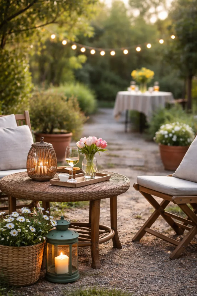 Gartenparty Deko im April: 5 Ideen für eine gemütliche Atmosphäre Gartenparty Deko im April mit mobilen Deko-Zonen und gemütlicher Sitzecke im Garten