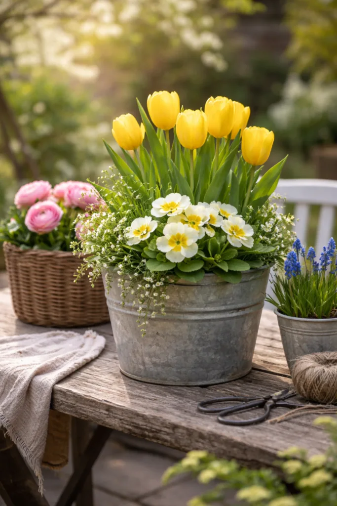 Gartenparty Deko im April: 5 Ideen für eine gemütliche Atmosphäre Frühlingspflanzen als Dekoelement im Garten mit Tulpen und Primeln stilvoll arrangiert auf Holztisch