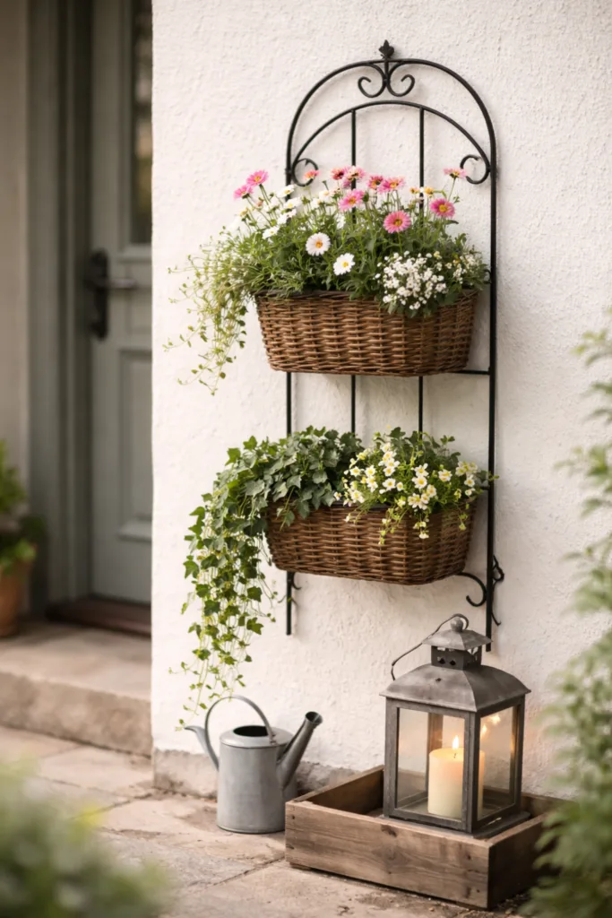 Diese 5 Ideen machen deine Haustür im April zum Hingucker Vertikale Haustür Deko im April mit Wandhalter, Blumen und Laterne am Eingangsbereich