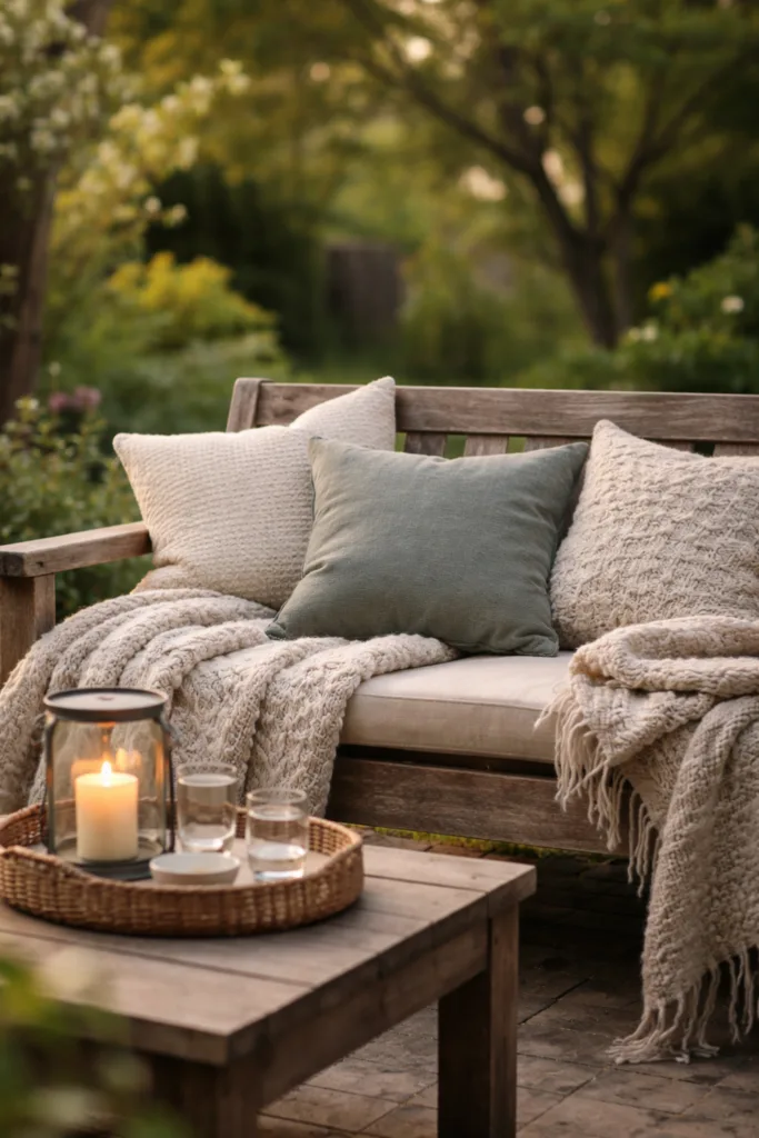 Gartenparty Deko im April: 5 Ideen für eine gemütliche Atmosphäre Gartenparty Deko im April mit gemütlichem Sitzbereich, Kissen, Decken und warmem Licht im Garten
