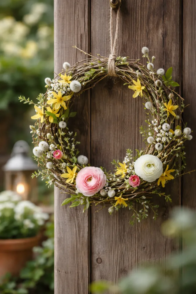 DIY Gartendeko im April – 5 schöne und kreative Ideen für draußen Gartendeko im April mit Frühlingskranz aus Zweigen und Blüten an Holztür