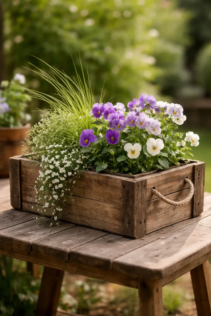 DIY Gartendeko im April – 5 schöne und kreative Ideen für draußen Gartendeko selber machen im April: bepflanzte Holzkiste als Upcycling Pflanzgefäß im Garten