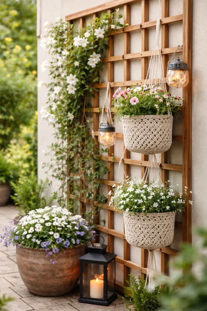 Vertikale Deko im April mit Rankgitter und hängenden Pflanzen für schmale Gärten