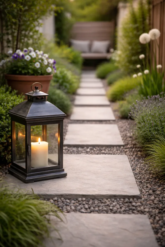 Schmaler Gartenweg mit klarer Linienführung und Deko im April für schmale Gärten