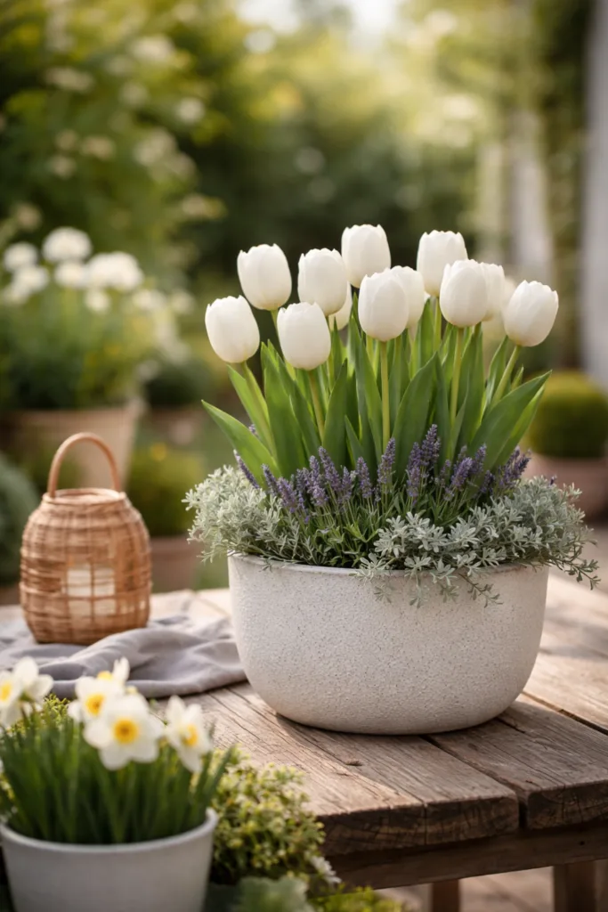 Farbkonzept im Frühling mit weißen Tulpen und Lavendel im schmalen Garten umgesetzt