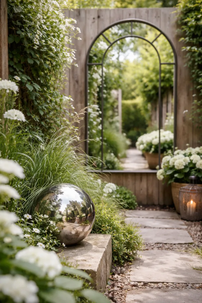 Deko im April für schmale Gärten mit Spiegel und reflektierenden Elementen im Garten