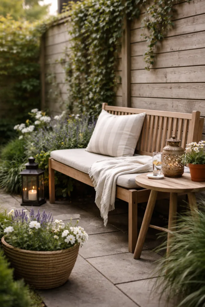 Deko im April für schmale Gärten mit kleinem Sitzbereich, Holzbank und Frühlingspflanzen im Hintergrund