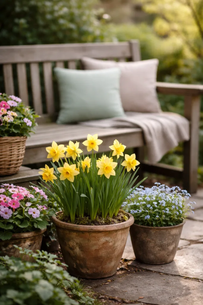 5 natürliche Deko-Ideen für deine Gartenbank im April Gartenbank Deko im April mit Frühblühern wie Narzissen und Primeln im Topf