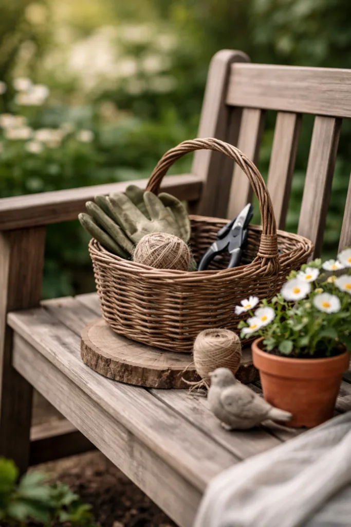 5 natürliche Deko-Ideen für deine Gartenbank im April Gartenbank Deko im April mit Korb, Holzbank und natürlicher Frühlingsdekoration