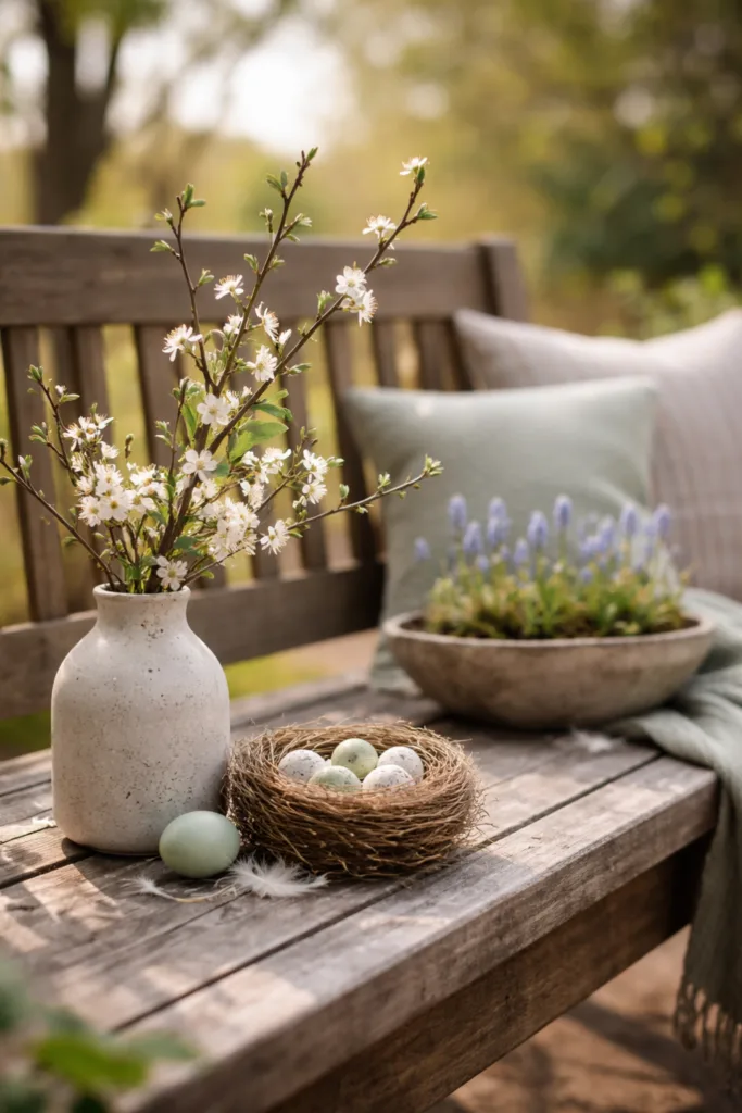 5 natürliche Deko-Ideen für deine Gartenbank im April Gartenbank Deko im April mit Vase, Zweigen und dezenter Frühlingsdeko draußen