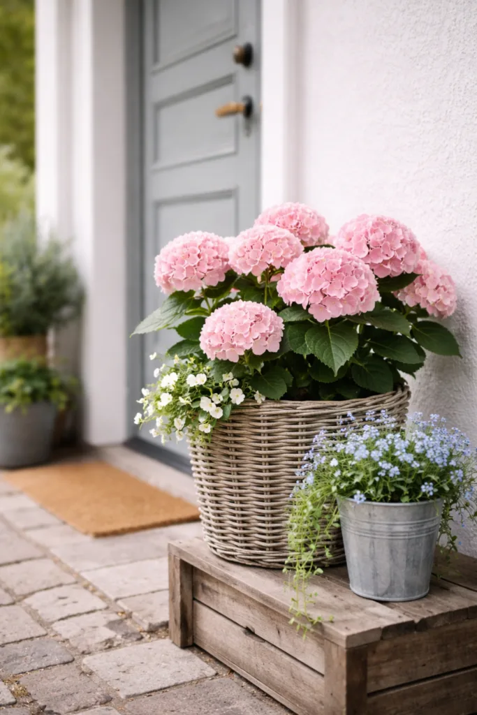 5 besondere Ideen für deine Muttertagsdeko am Hauseingang Muttertag Deko Hauseingang mit Hortensie im Kübel als Blickfang vor Haustür