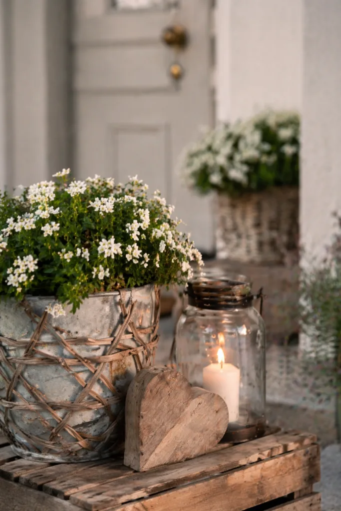 5 besondere Ideen für deine Muttertagsdeko am Hauseingang Muttertag Deko Hauseingang mit Holz, Laterne und blühenden Pflanzen in natürlicher Gestaltung