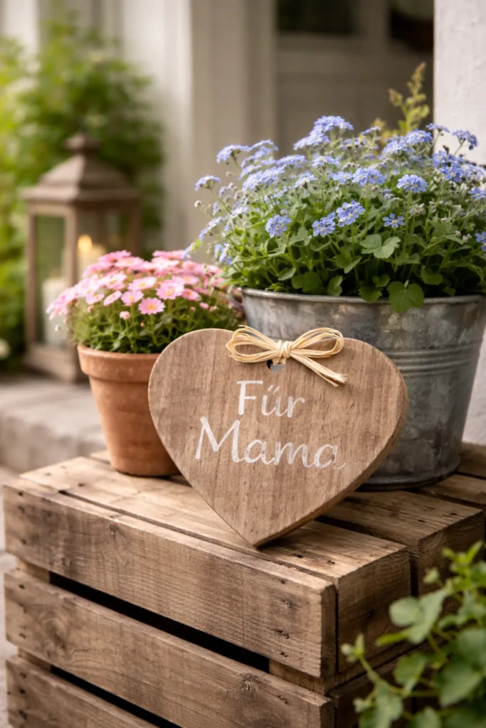 5 besondere Ideen für deine Muttertagsdeko am Hauseingang Muttertag Deko Hauseingang mit Holzschild Für Mama und blühenden Pflanzen im Eingangsbereich