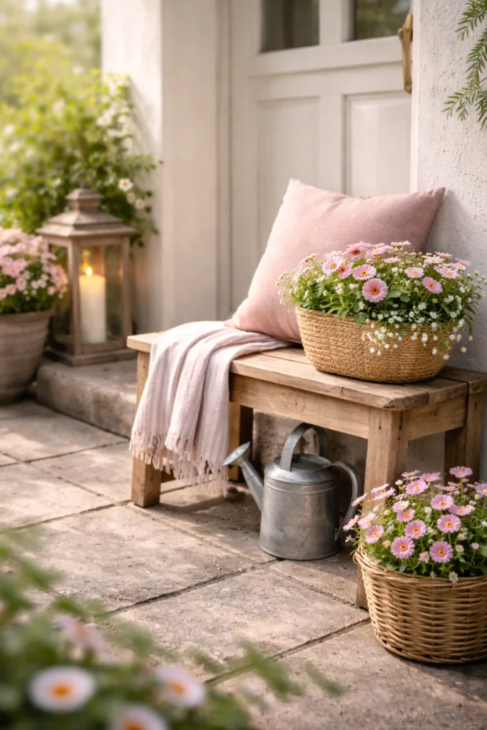 5 besondere Ideen für deine Muttertagsdeko am Hauseingang Muttertag Deko Hauseingang mit Sitzbank, Kissen und blühenden Pflanzen im Eingangsbereich