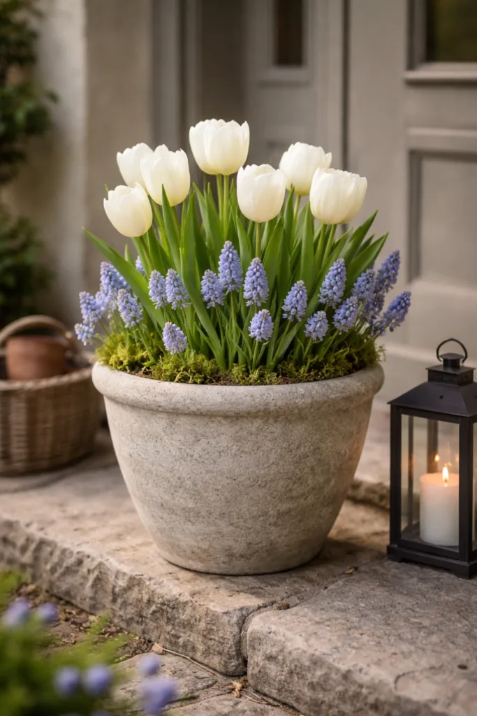 Vorgarten Deko im April mit ruhigem Farbkonzept aus weißen Tulpen und blauen Traubenhyazinthen im Kübel