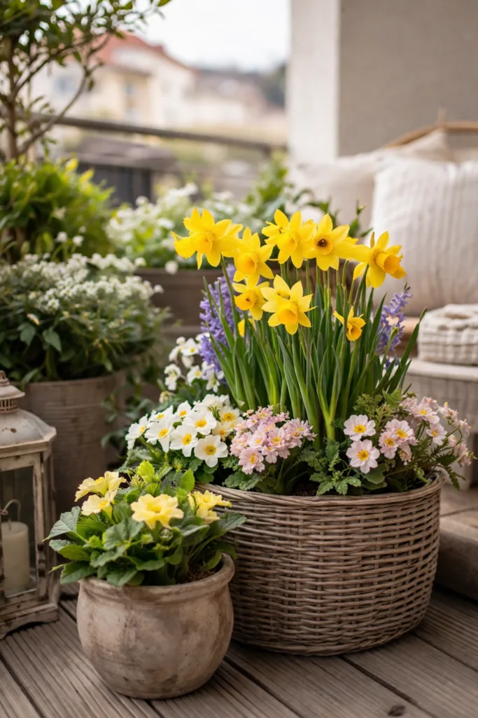 Frühblüher Deko Balkon mit Dach im April mit Narzissen und Primeln in Töpfen