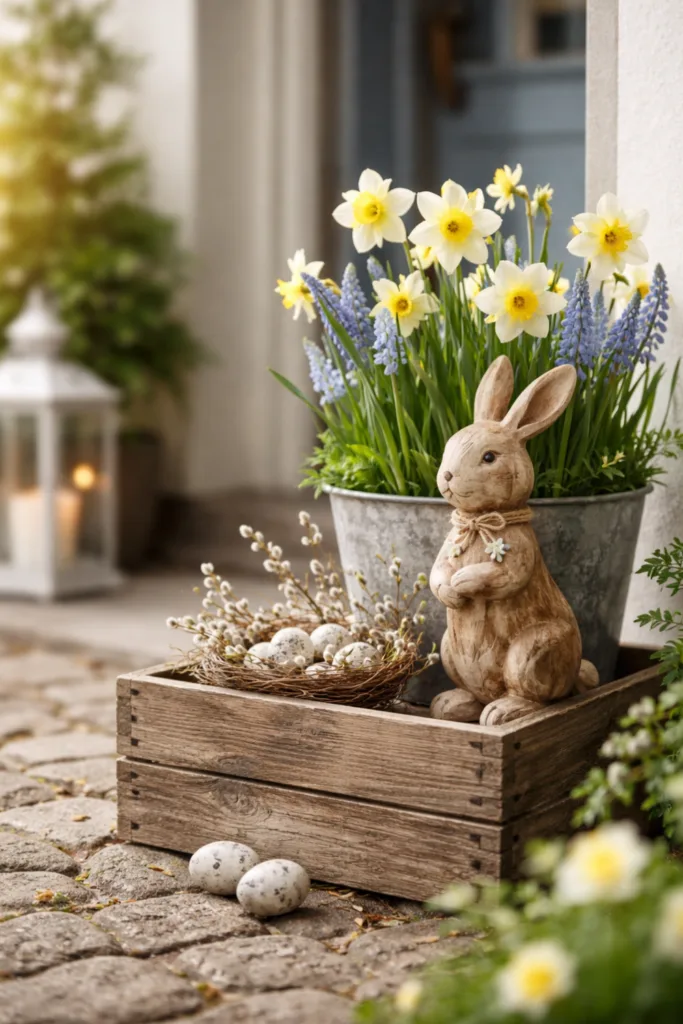 Vorgarten Deko im April mit Narzissen, Holzhase, Kübel und Frühlingsdeko am Hauseingang