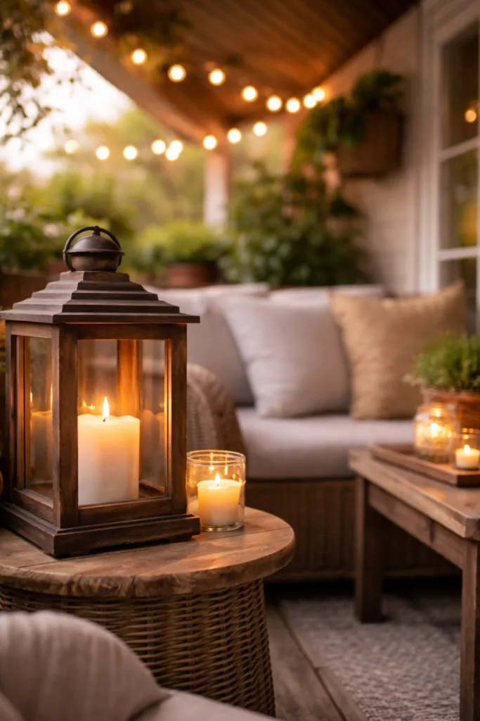 Überdachter Balkon im April mit Laterne und Lichterkette für stimmungsvolle Atmosphäre