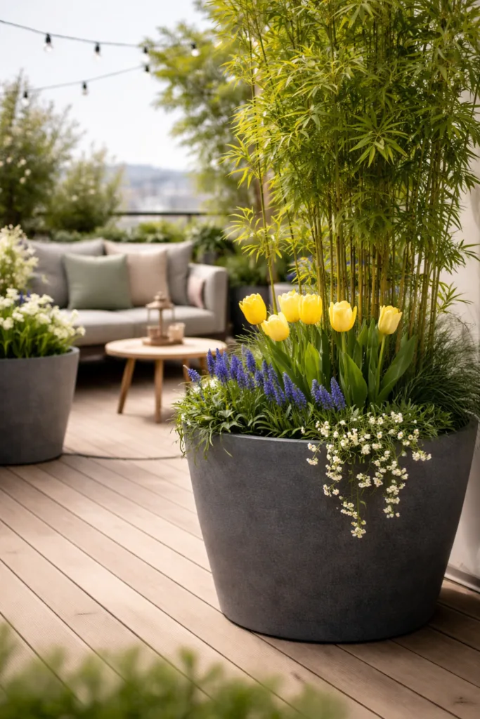 So wird deine Dachterrasse im April gemütlich – 5 einfache Deko-Ideen Deko für Dachterrasse im April mit großen Pflanzkübeln, Bambus und Frühblühern für klare Struktur