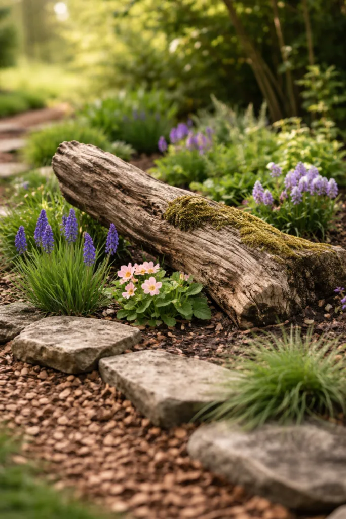 5 schöne & schnelle Ideen für deine Beetdeko im April Beetdeko im April mit Holz und Steinen für natürliche Struktur im Garten