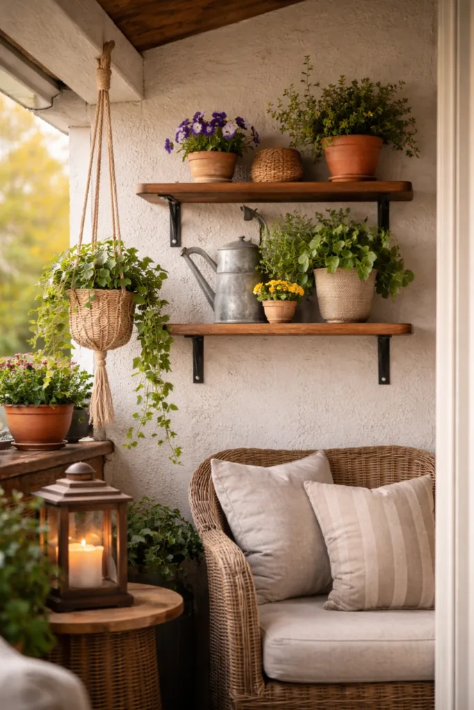 Balkon mit Dach Deko im April, vertikale Pflanzen, Wandregal, Hängepflanzen, kleiner Balkon kreativ gestaltet