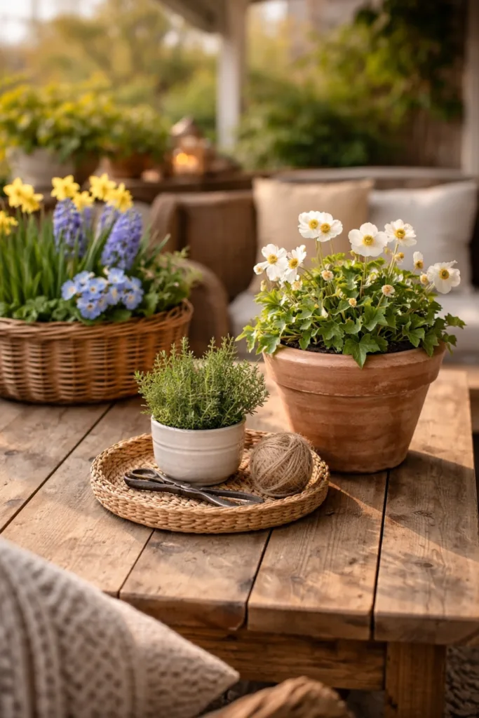Balkon mit Dach Deko im April mit Holz, Keramik und Frühblühern in natürlichem Stil