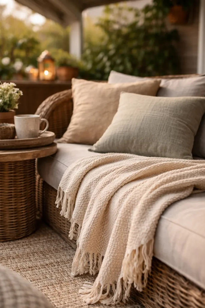 Balkon mit Dach Deko im April mit Kissen, Decke und Teppich für gemütliche Atmosphäre