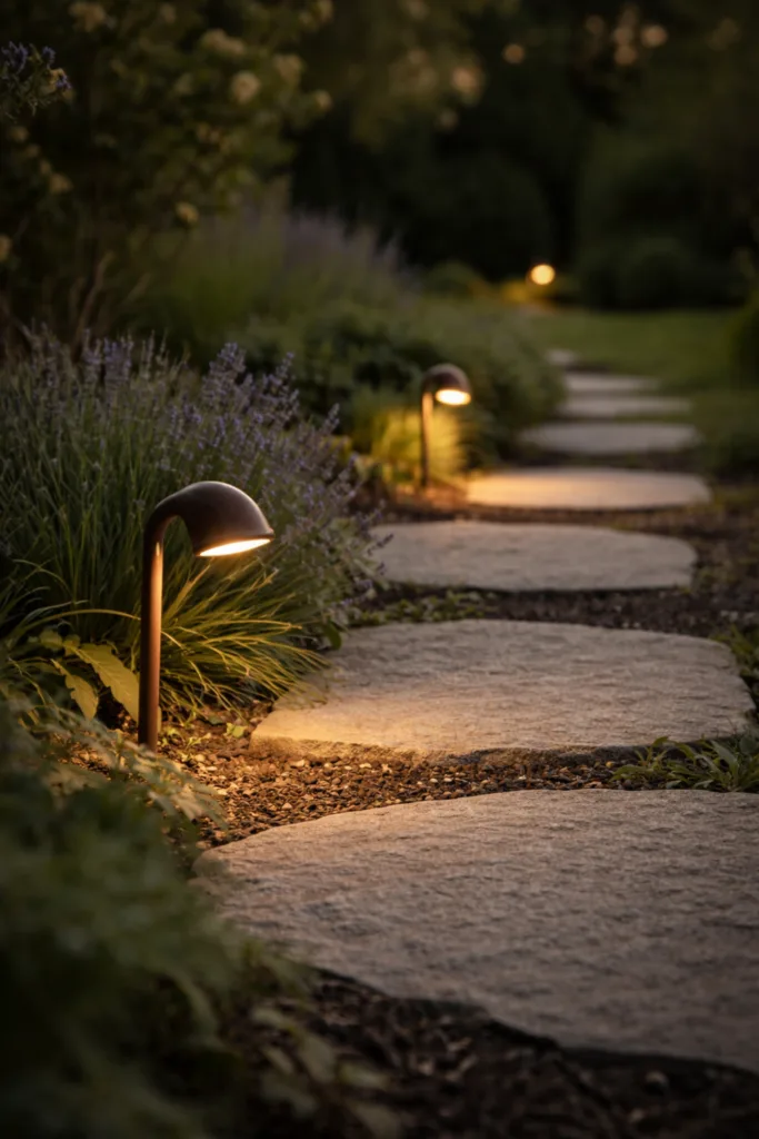 Beleuchtung im Garten im April mit beleuchtetem Gartenweg und warmen Lichtakzenten