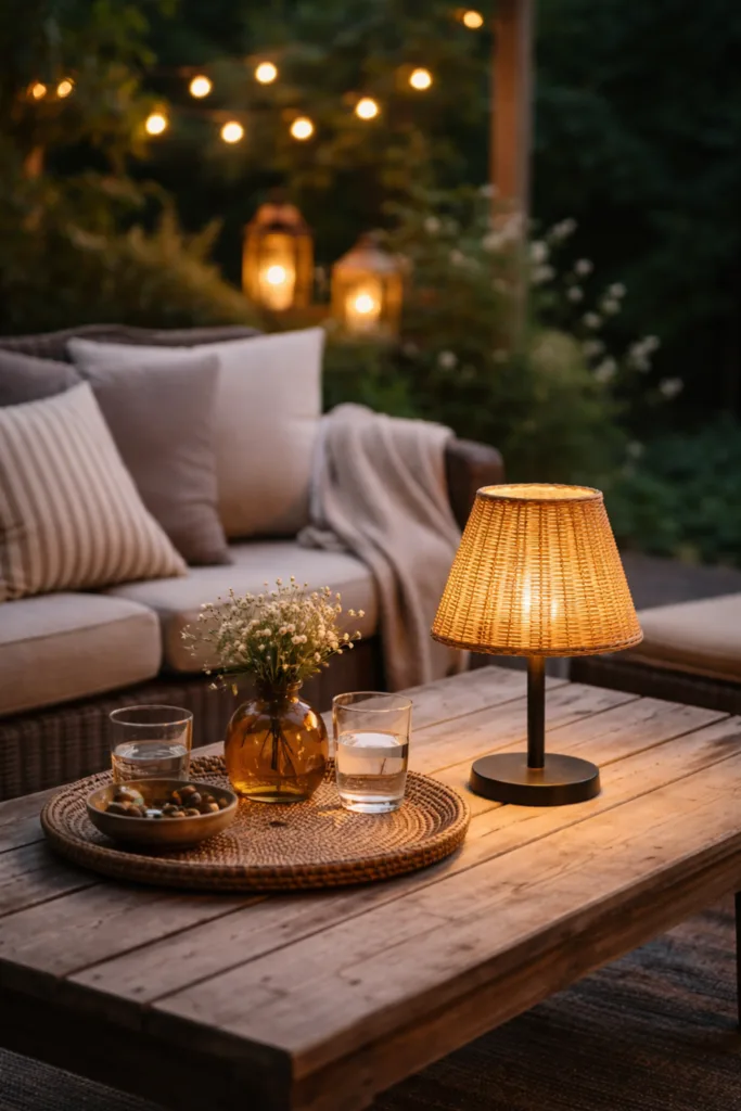 Beleuchtung im Garten im April: gemütlicher Sitzbereich mit warmem Licht und Lichterkette