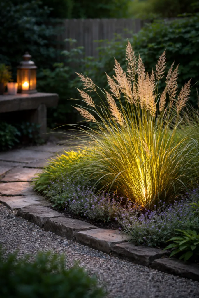 Beet mit indirekter Gartenbeleuchtung im April, Gräser stimmungsvoll beleuchtet