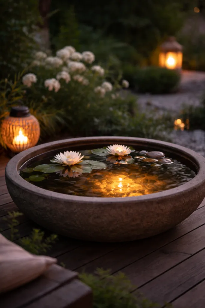 Beleuchtung im Garten im April mit Wasserschale und Deko als Highlight im Außenbereich