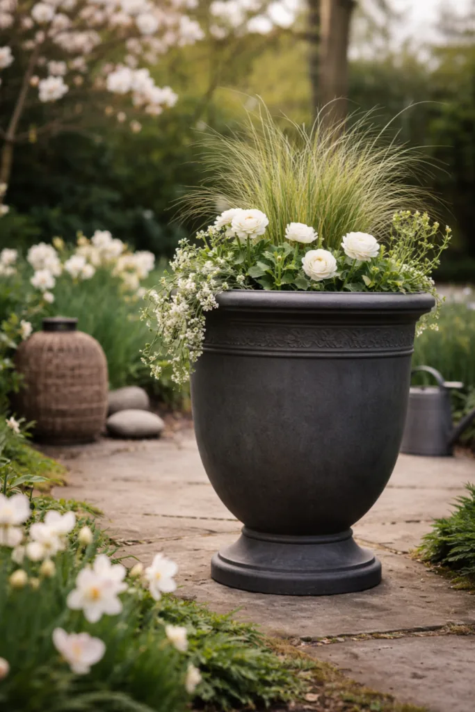Gartendeko im April: Diese 5 Fehler passieren fast jedem Dunkler Blumentopf im Frühlingsgarten zeigt Fehler bei Deko im Garten im April