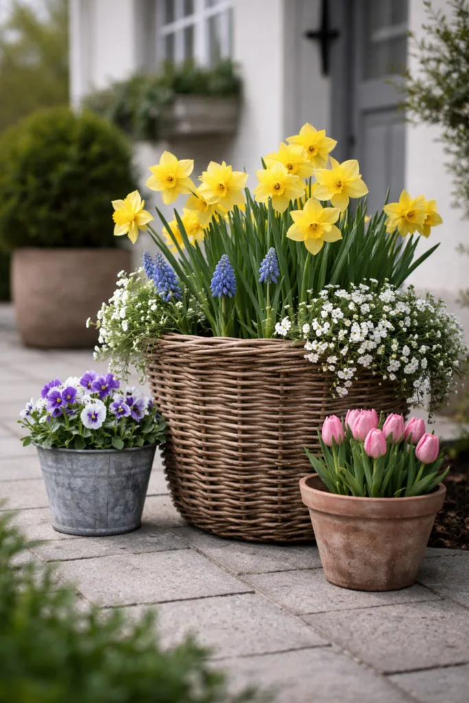Einfahrt Deko im April mit Frühblühern in Gruppen, strukturierte Pflanzkübel und Frühlingsblumen Arrangement