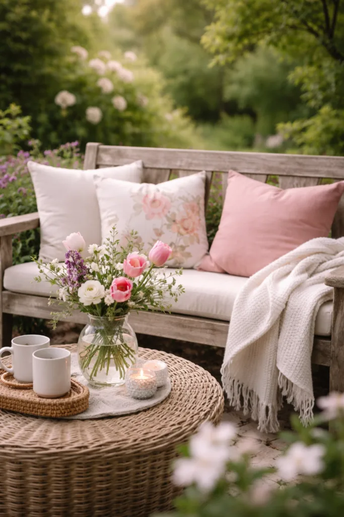 5 wunderschöne Ideen für deine Muttertagsdeko im Garten Muttertag Deko im Garten mit Sitzecke, Blumen und Kissen in natürlicher Atmosphäre