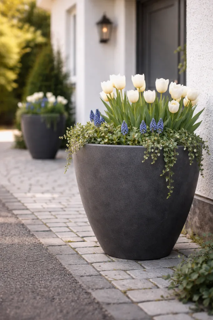 Einfahrt Deko im April mit großem Pflanzkübel, Tulpen und modernem Eingangsbereich