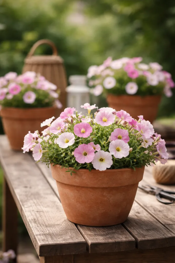 5 wunderschöne Ideen für deine Muttertagsdeko im Garten Muttertag Deko im Garten mit blühenden Akzenten in Terrakotta-Töpfen auf Holztisch