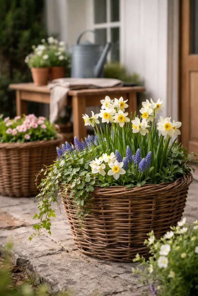 Einfahrt Deko im April mit Weidenkorb, Frühblühern und natürlicher Gestaltung am Hauseingang